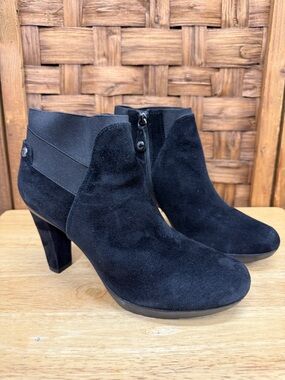 Geox Respira Black Suede Ankle Booties with Elastic Side Panel and Block Heel
